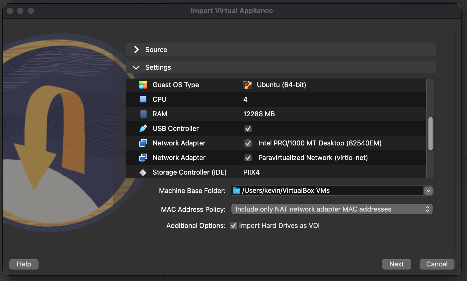 VirtualBox Import Virtual Appliance settings page