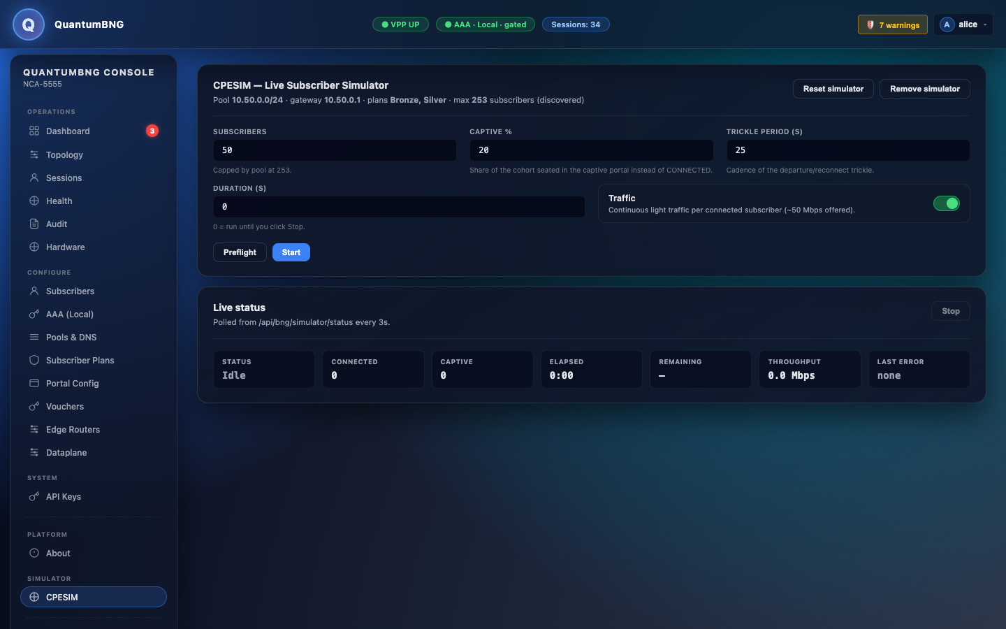 Simulator page, idle