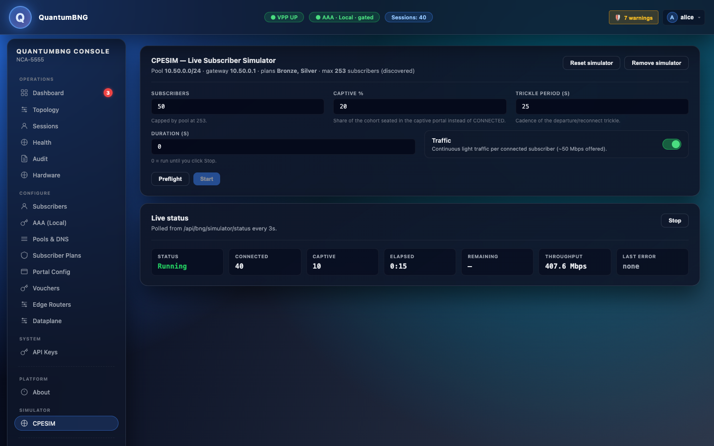 Simulator page, running